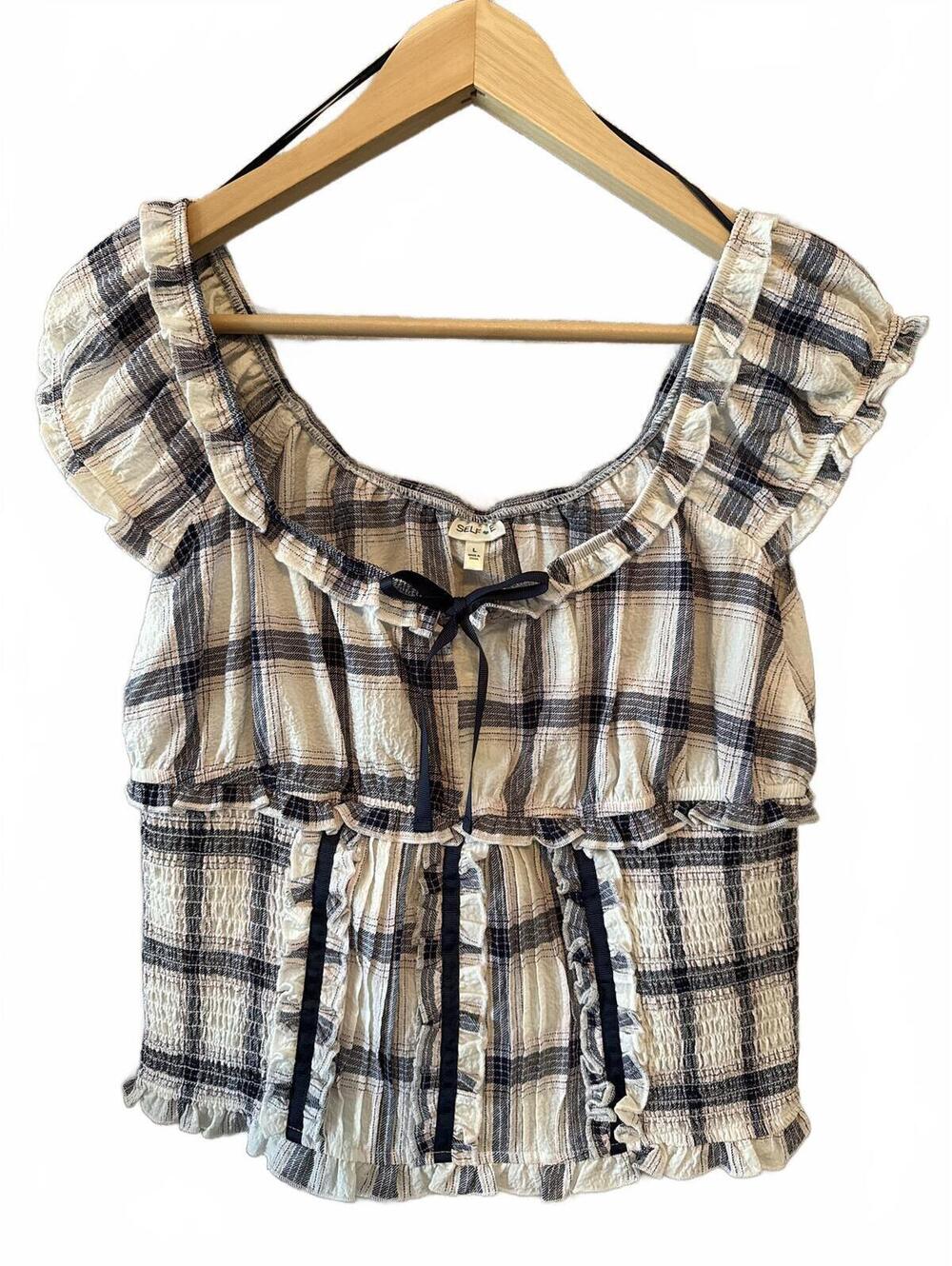 Self Esteem Navy and White Plaid Ruffle Sleeve Trend Top, Size Large